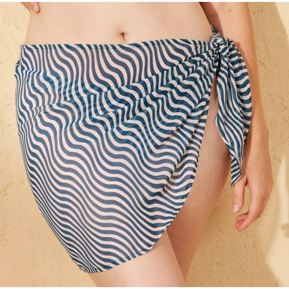 Shade & Shore Swim Cover Up Sarong Large Blue Wavy Print Sheer Beach Resort NWT